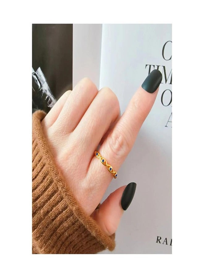 BlingNook Evil Eye Ring For Women, Cubic Zirconia Gold Stainless Steel Ring Green White Eyes Boho Adjustable Trendy Gold Plated Open Birthday Stackable Jewelry Gift (Gold Blue) - Image 2